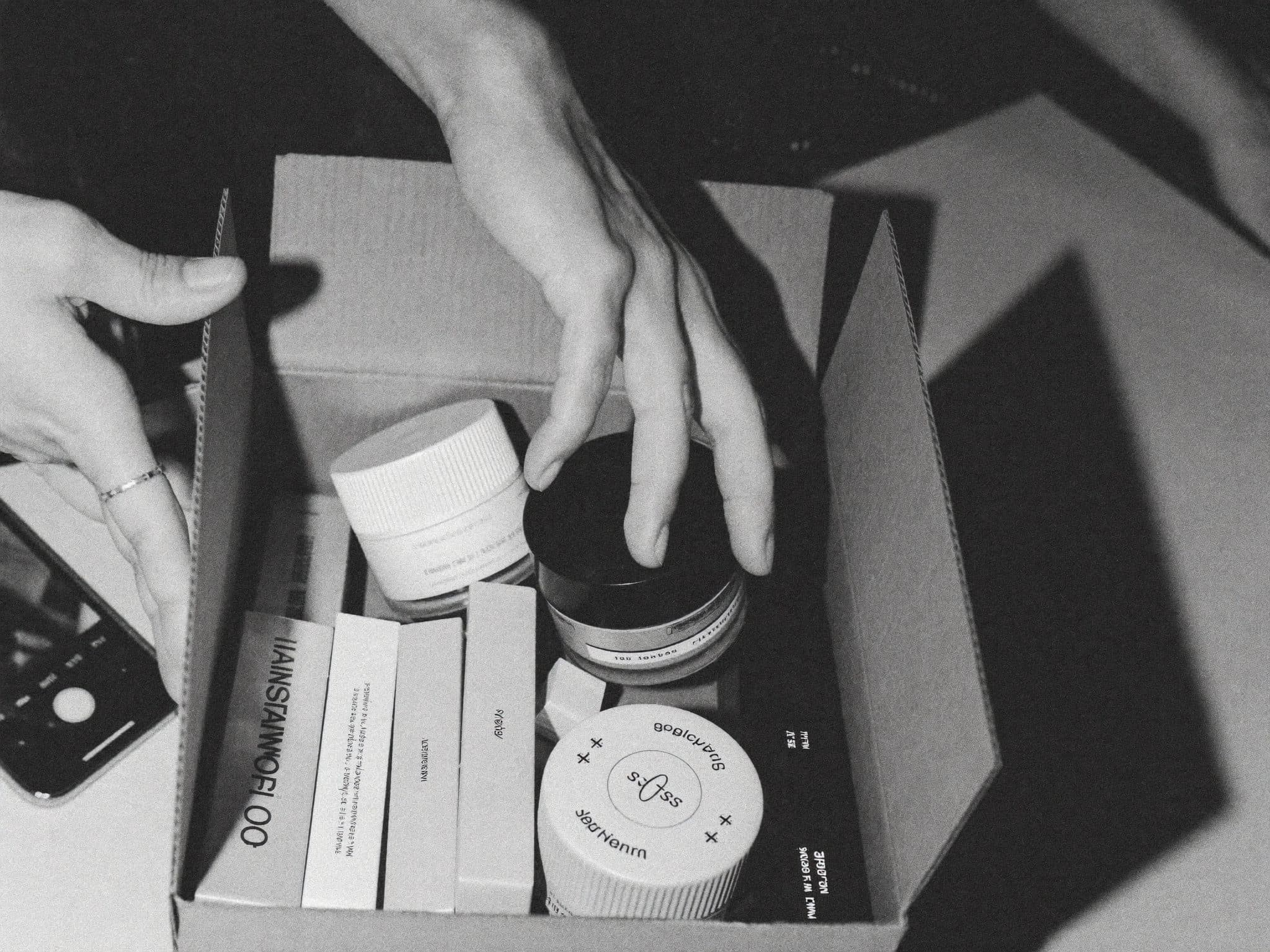 Manos abriendo una caja con productos de un negocio junto a un móvil